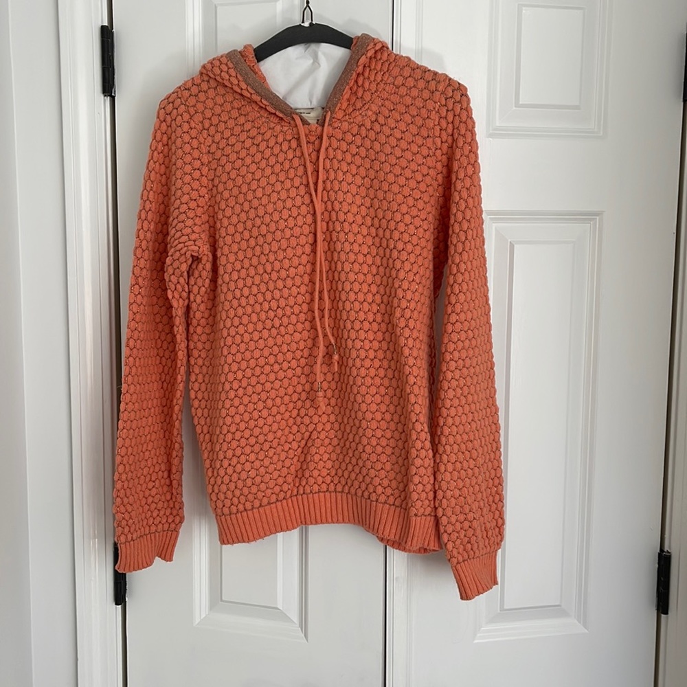 Anthropologie Sleeping On Snow Coral Honeycomb Knit Metallic Gold Hoodie Sweater